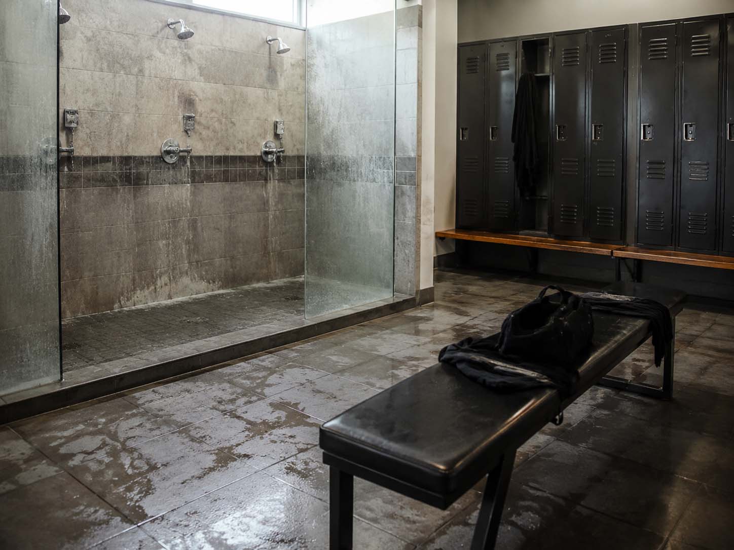 Dirty locker room before steam cleaning