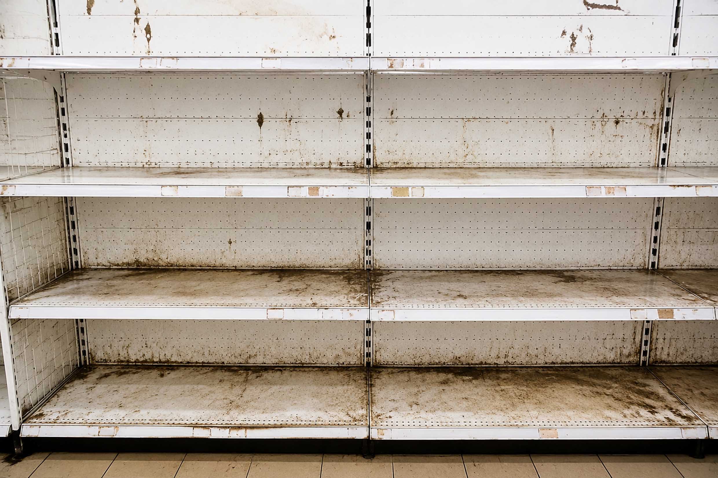 Dirty supermarket shelves before cleaning