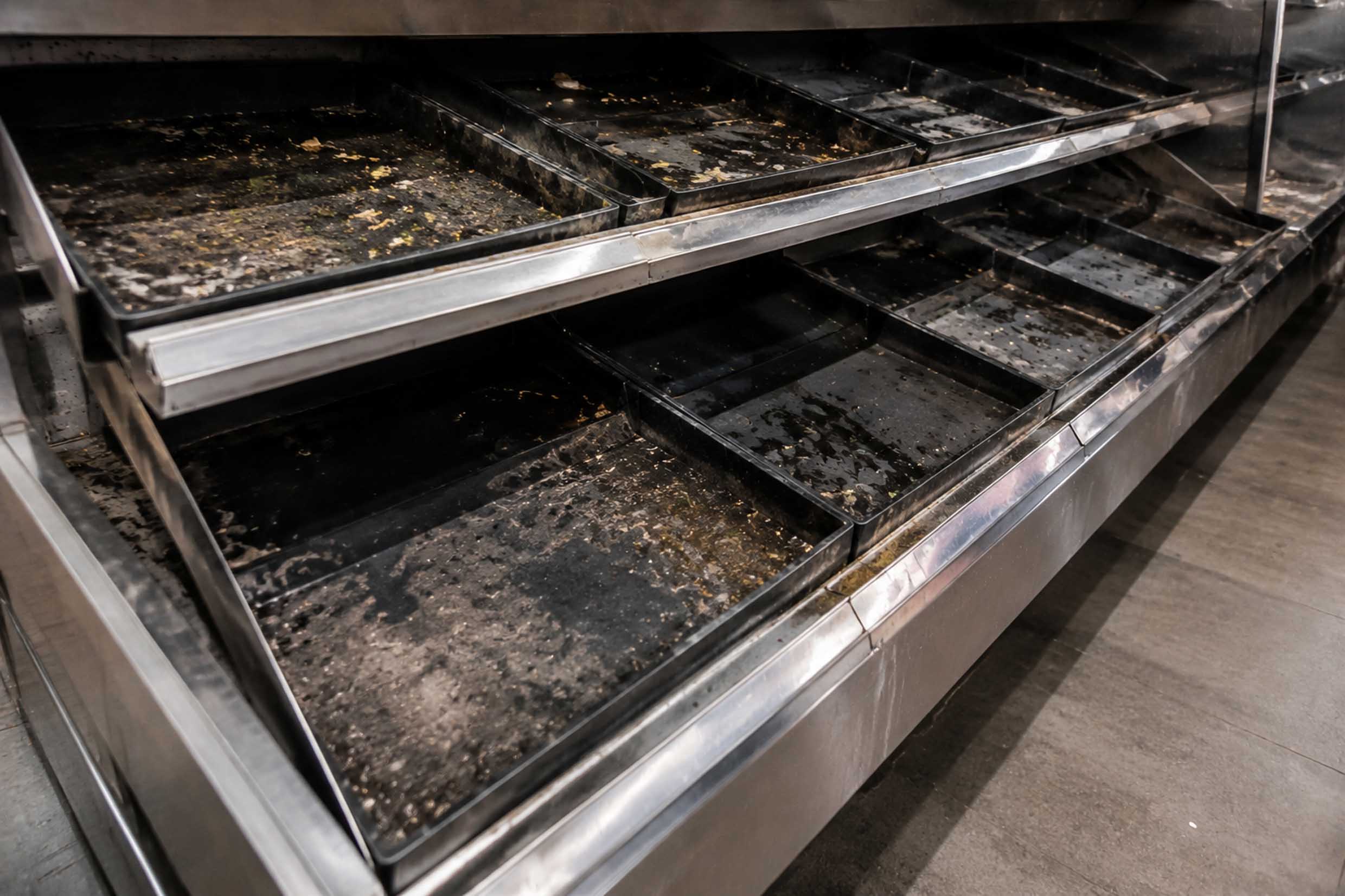 Dirty fruit and vegetable display before cleaning