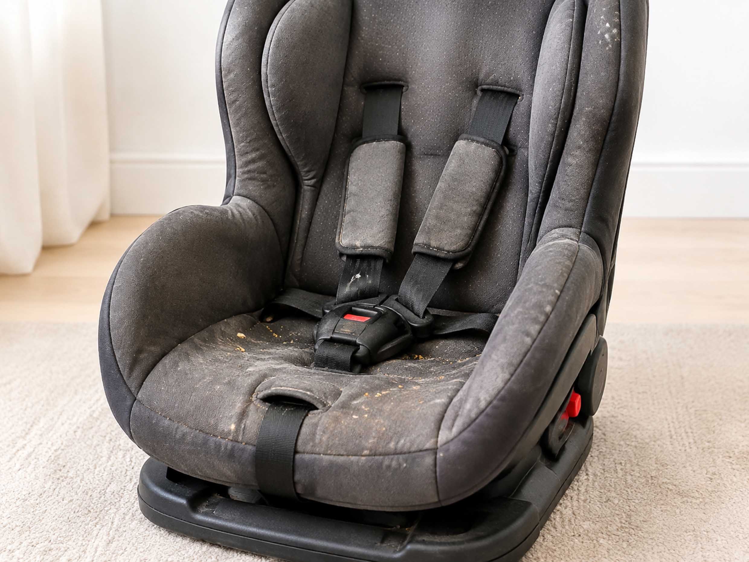 Dirty child car seat before steam cleaning