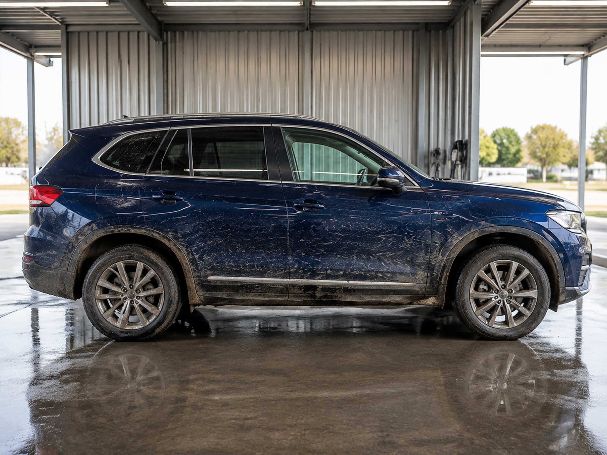 Dirty vehicle exterior before EcoSteam car wash