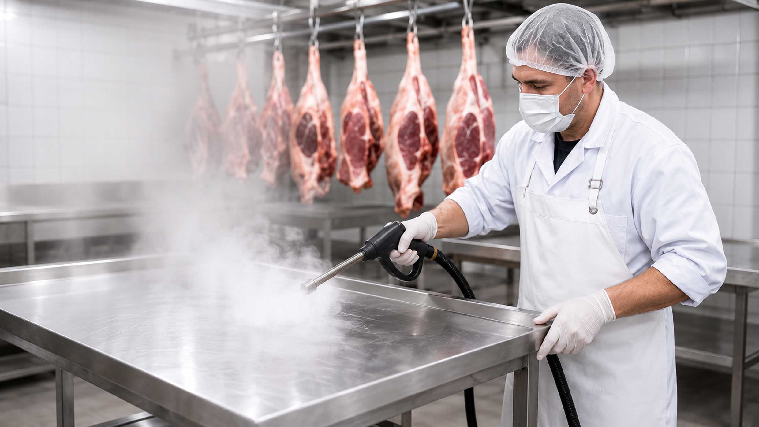 Professional steam cleaning in a commercial butchery