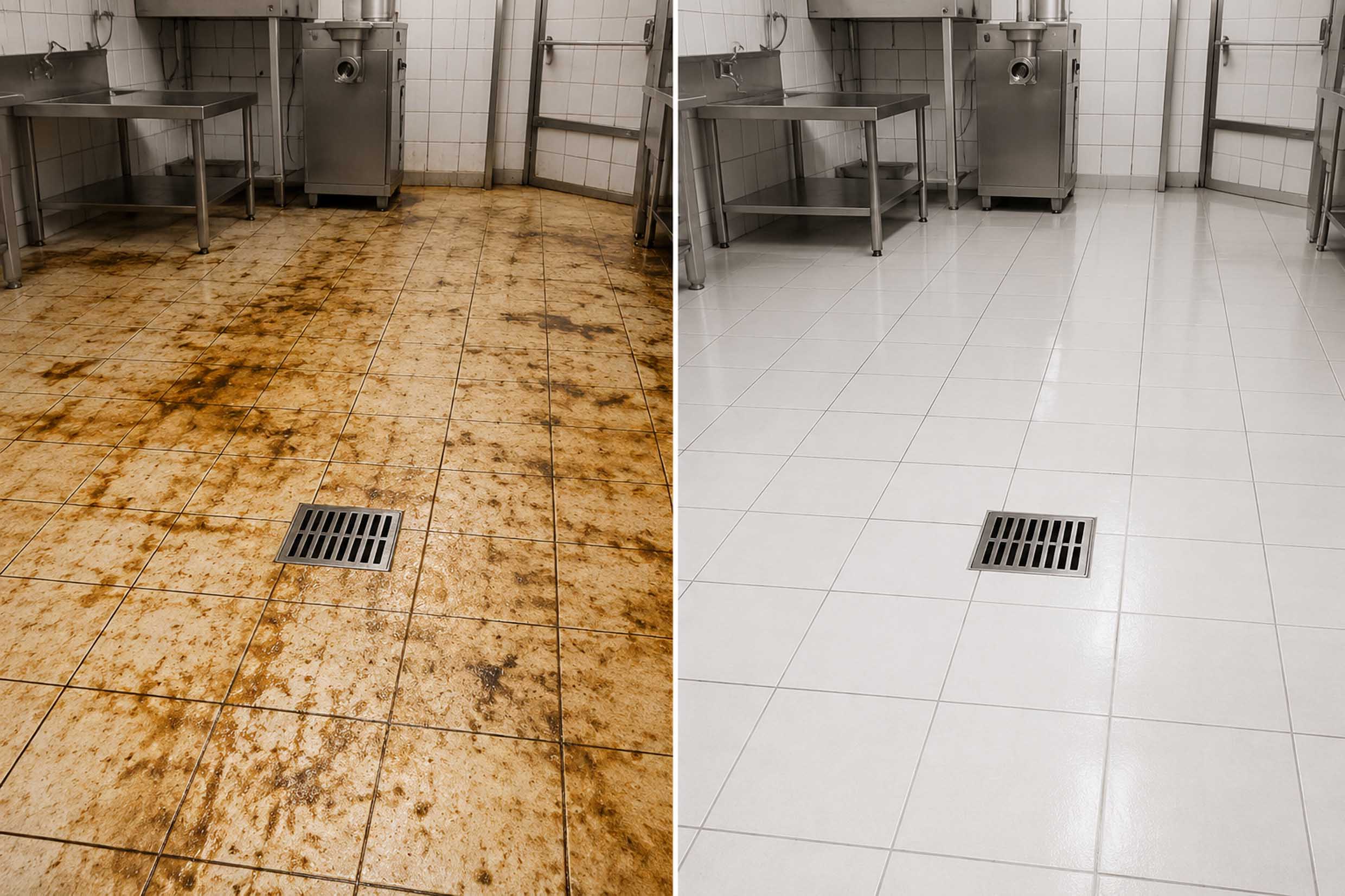 Butchery floor before and after steam cleaning