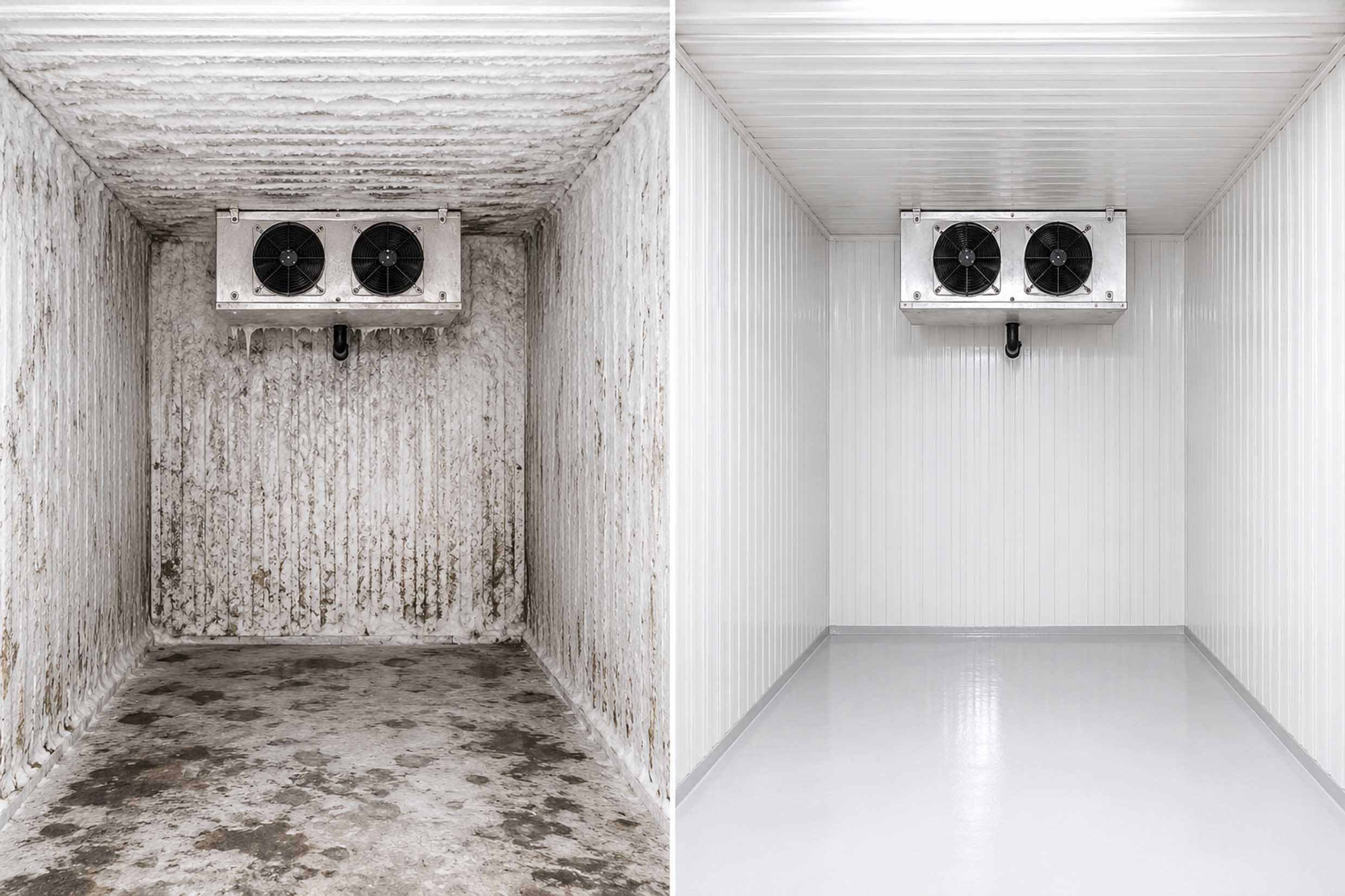 Cold room before and after steam cleaning