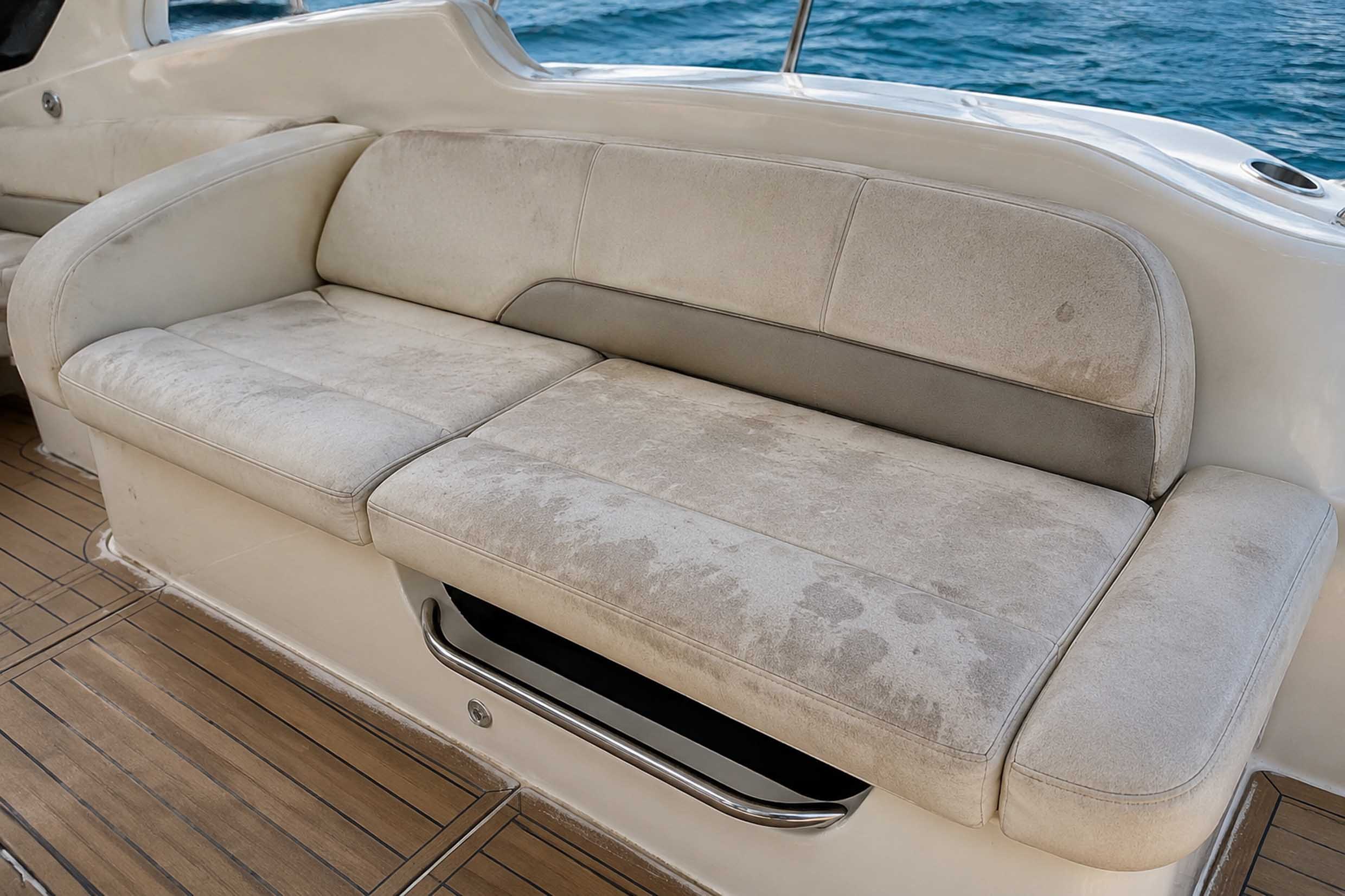 Dirty boat upholstery before steam cleaning