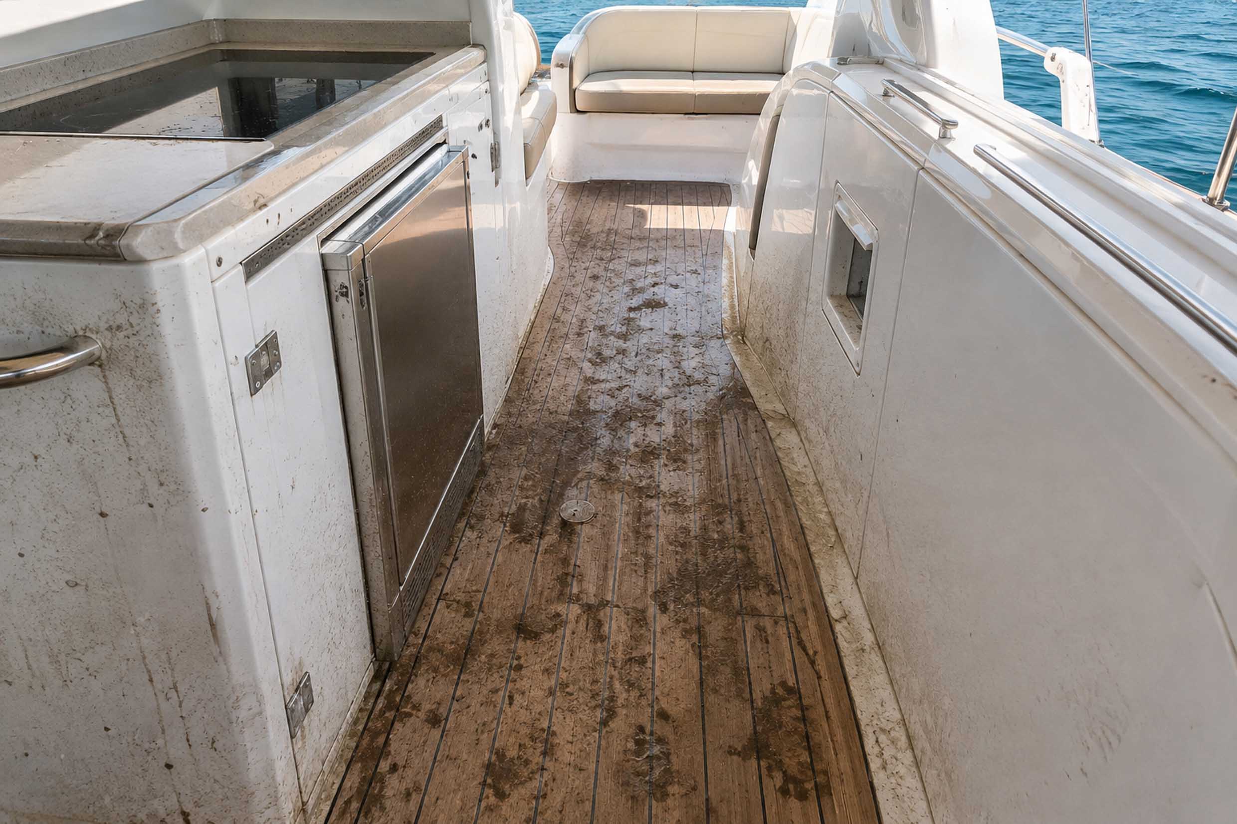 Dirty boat deck before steam cleaning