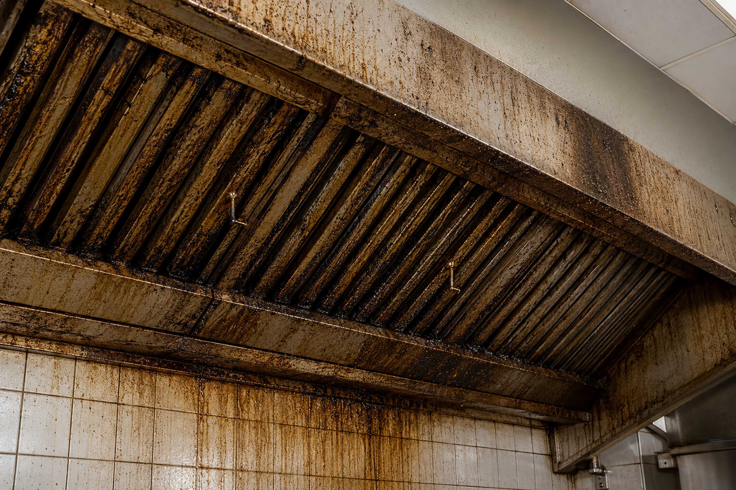 Clean restaurant kitchen extraction hood after steam cleaning