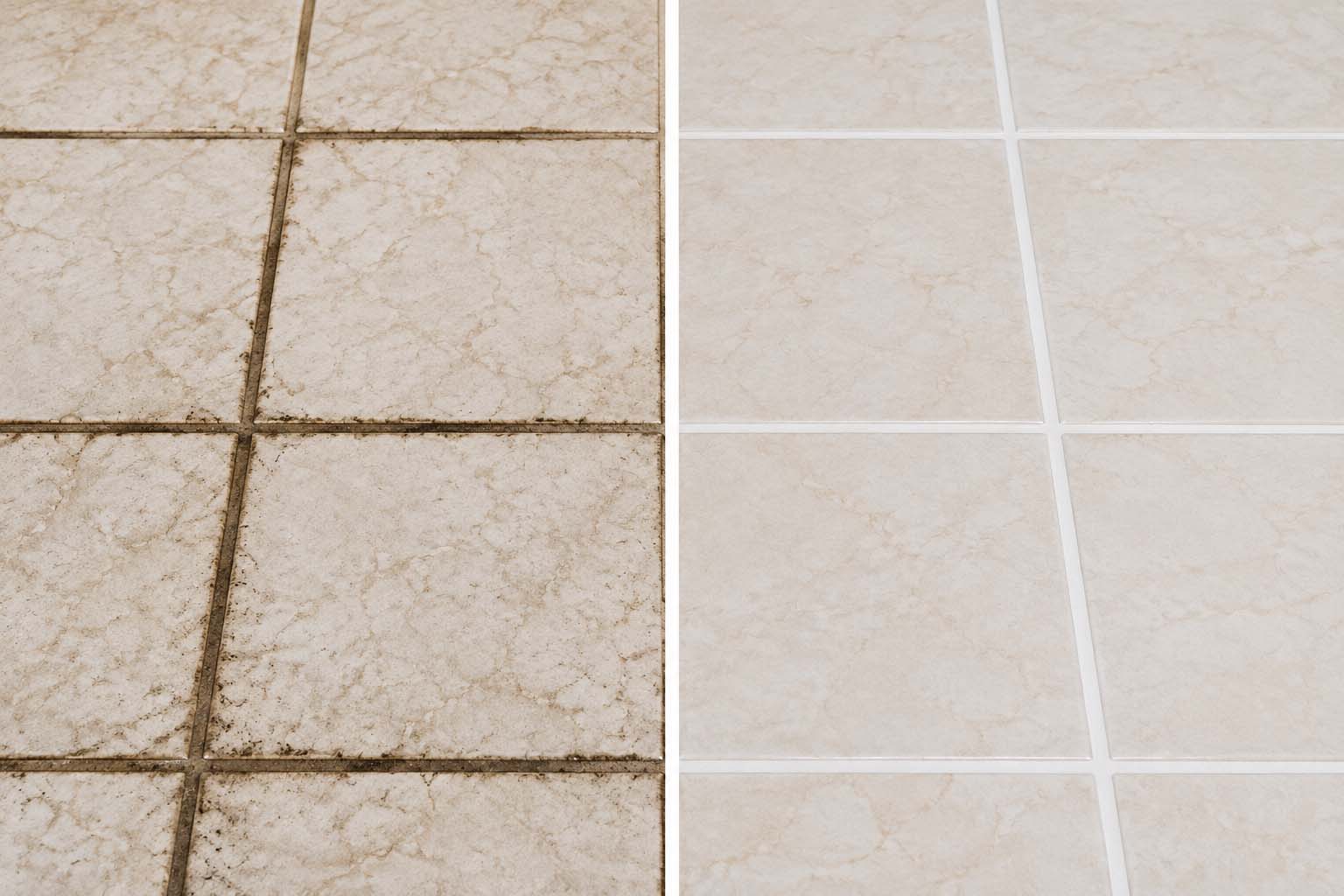 Grout and tiles before and after steam cleaning