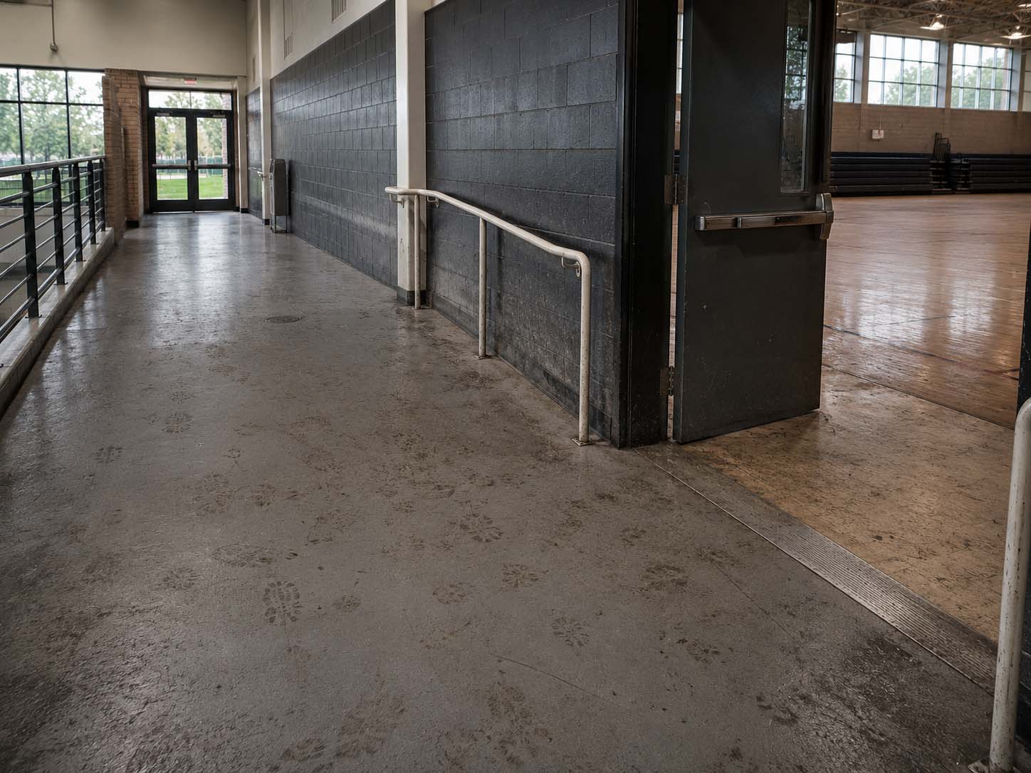 Dirty sports facility floor before cleaning